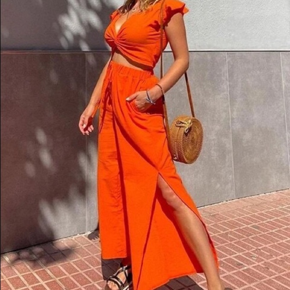 SHEIN Ruffle Trim Twist Front Top and Pants Set